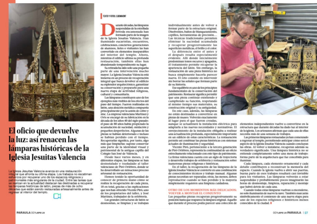 Paraula publica un reportaje sobre la restauración de las lámparas de la Iglesia Jesuitas Valencia